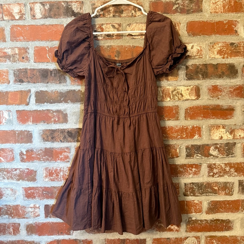 SHEIN Brown Ruched Puff Sleeve Mini Sundress